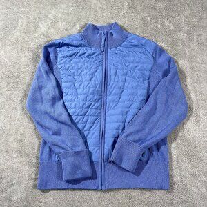 Talbots Coolmax Quilted Sweater Jacket‎ Blue L Zip Straight Hem Winter Comfort